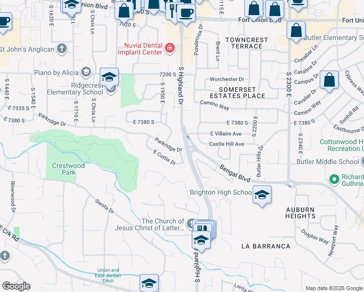 map of restaurants, bars, coffee shops, grocery stores, and more near 1997 Parkridge Drive in Cottonwood Heights