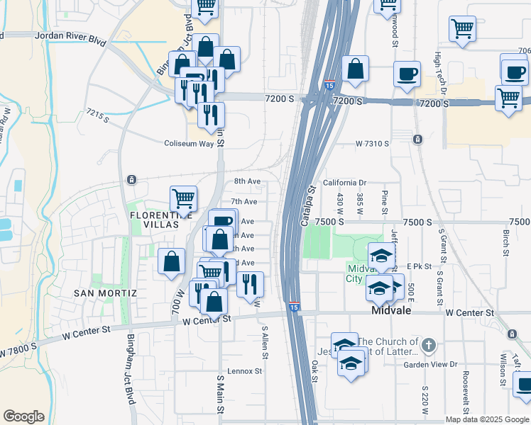 map of restaurants, bars, coffee shops, grocery stores, and more near 7474 North 125 East in Midvale