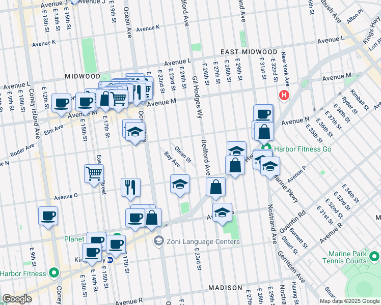 map of restaurants, bars, coffee shops, grocery stores, and more near 1435 East 23rd Street in Brooklyn