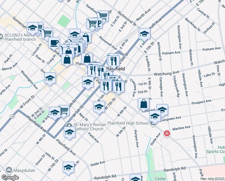 map of restaurants, bars, coffee shops, grocery stores, and more near 611 Park Avenue in Plainfield