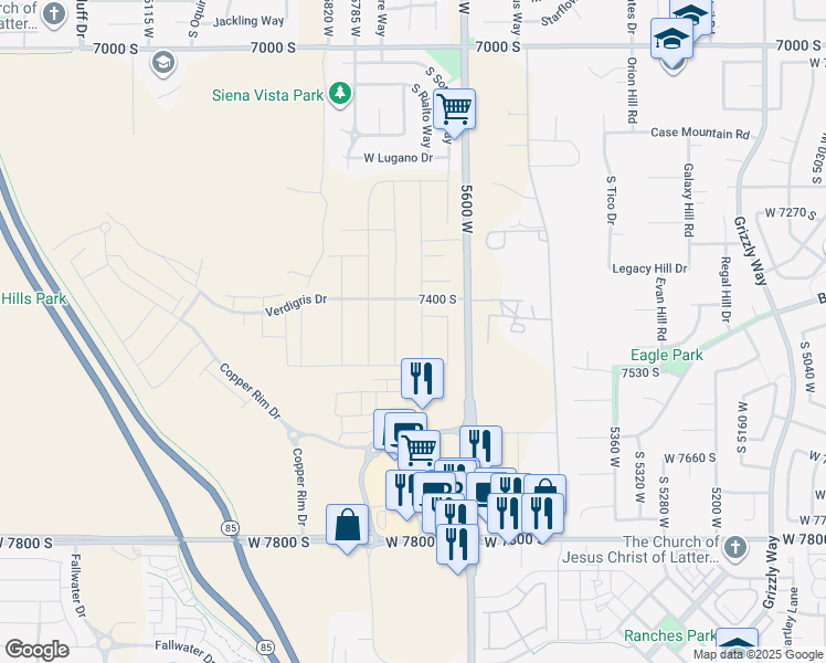 map of restaurants, bars, coffee shops, grocery stores, and more near 7456 5680 West in West Jordan
