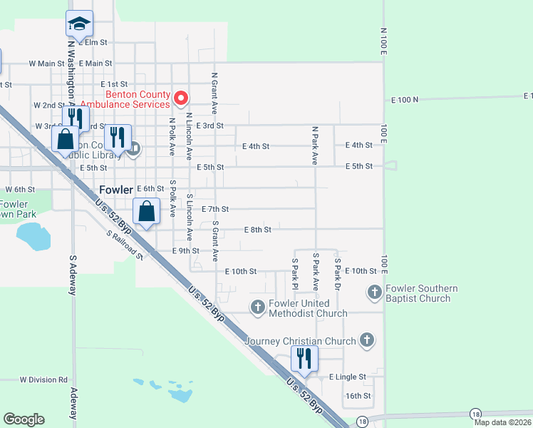 map of restaurants, bars, coffee shops, grocery stores, and more near 1002 East 7th Street in Fowler