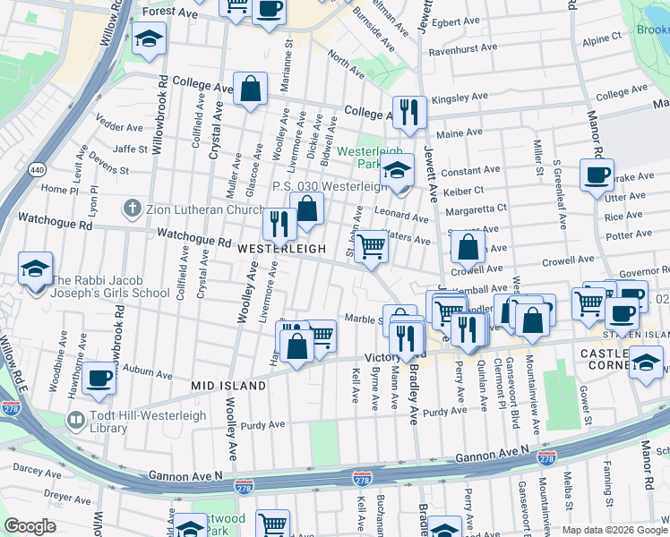 map of restaurants, bars, coffee shops, grocery stores, and more near 196 Watchogue Road in Staten Island
