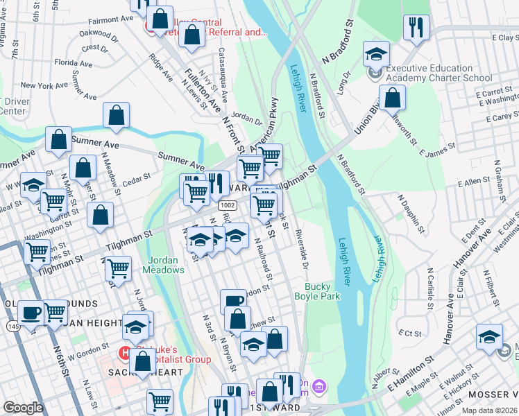 map of restaurants, bars, coffee shops, grocery stores, and more near in Allentown