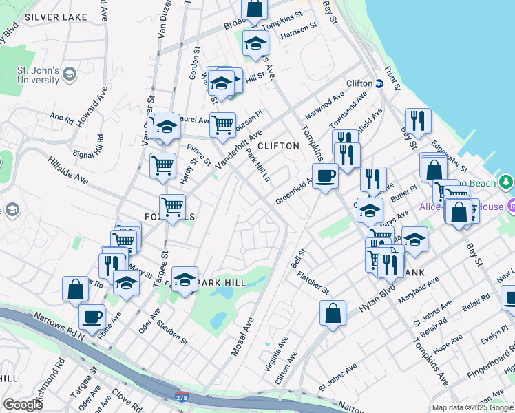 map of restaurants, bars, coffee shops, grocery stores, and more near 65 Skyline Drive in Staten Island