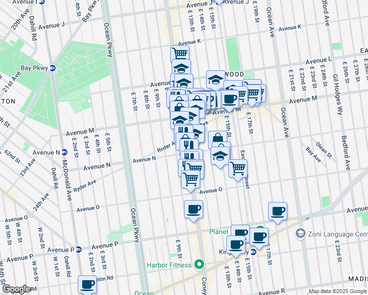 map of restaurants, bars, coffee shops, grocery stores, and more near 1722A Coney Island Avenue in Brooklyn