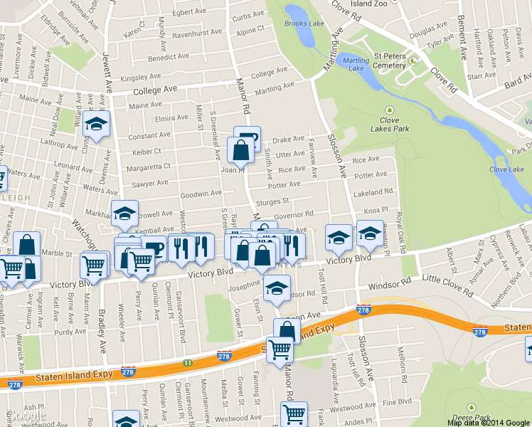 map of restaurants, bars, coffee shops, grocery stores, and more near 105 Governor Rd in Staten Island