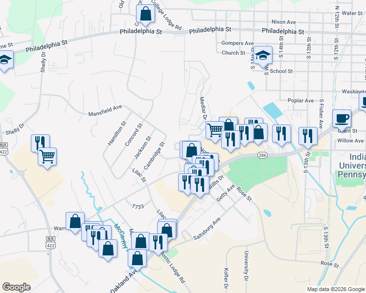 map of restaurants, bars, coffee shops, grocery stores, and more near 1750 Wilson Avenue in Indiana