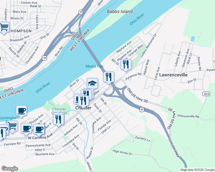 map of restaurants, bars, coffee shops, grocery stores, and more near 649 Carolina Avenue in Chester