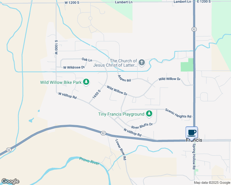 map of restaurants, bars, coffee shops, grocery stores, and more near 566 Wild Willow Drive in Kamas