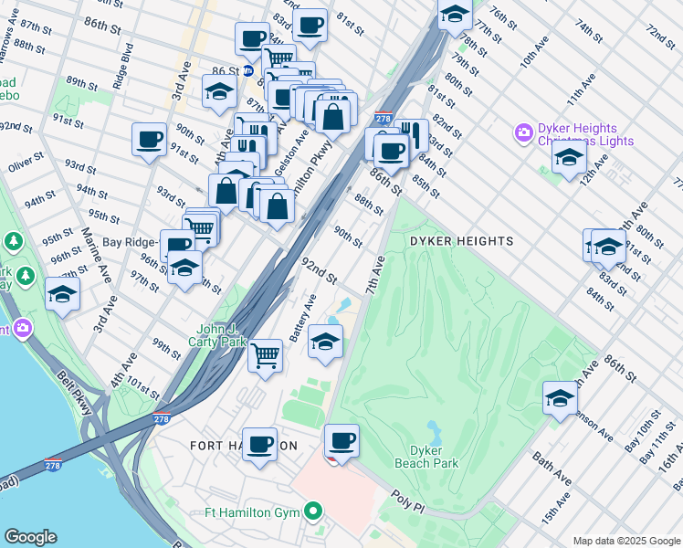 map of restaurants, bars, coffee shops, grocery stores, and more near 124 Parrott Place in Brooklyn