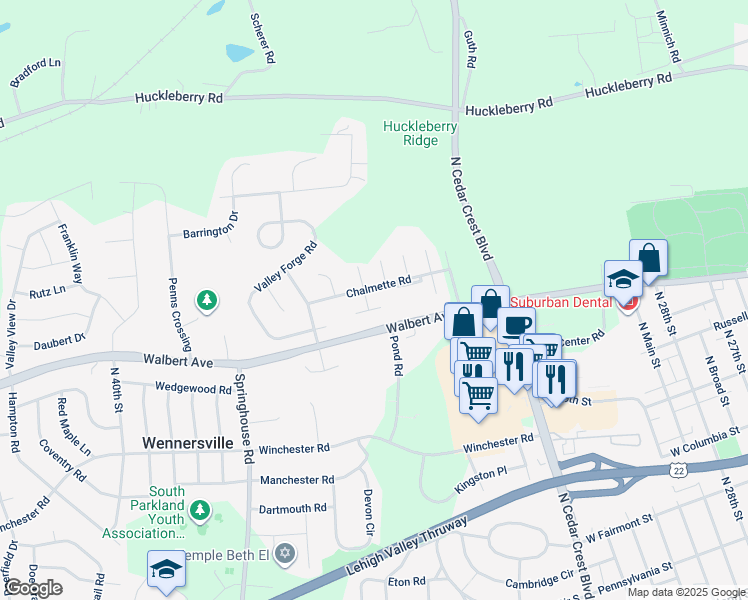 map of restaurants, bars, coffee shops, grocery stores, and more near 1619 Shiloh Court in Allentown