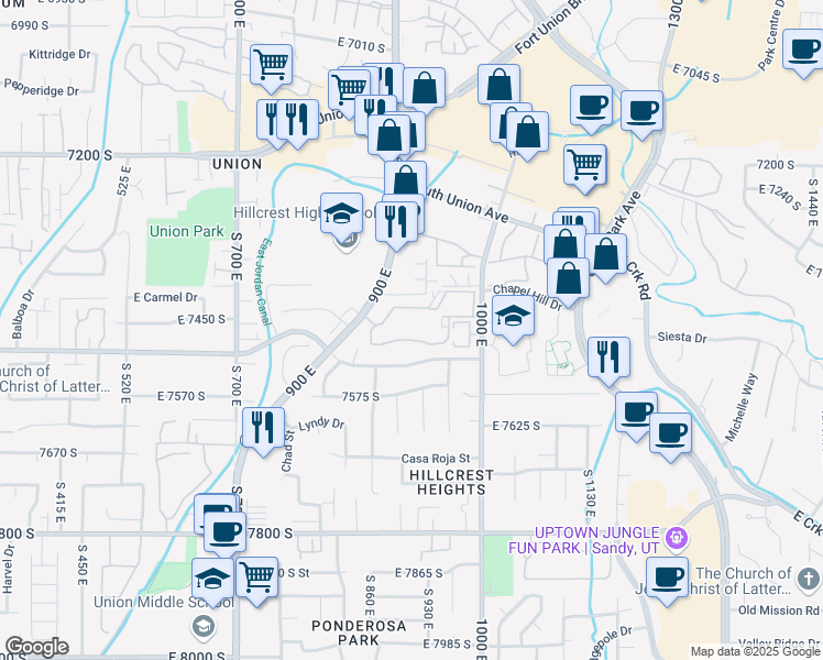 map of restaurants, bars, coffee shops, grocery stores, and more near 909 Ridge Hill Lane in Midvale