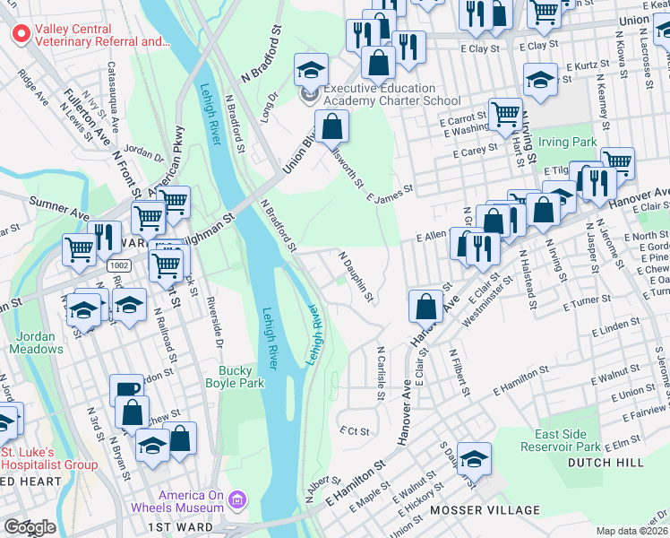 map of restaurants, bars, coffee shops, grocery stores, and more near 502 North Dauphin Street in Allentown