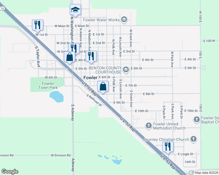 map of restaurants, bars, coffee shops, grocery stores, and more near 502 East 7th Street in Fowler