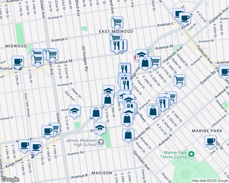 map of restaurants, bars, coffee shops, grocery stores, and more near 2907 Kings Highway in Brooklyn