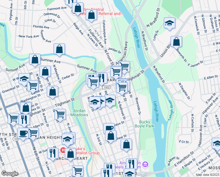 map of restaurants, bars, coffee shops, grocery stores, and more near 643 Ridge Avenue in Allentown