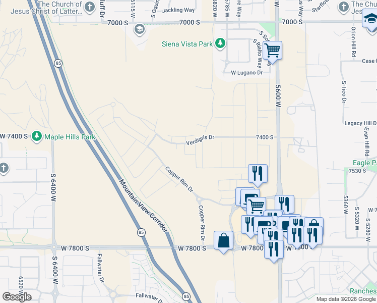 map of restaurants, bars, coffee shops, grocery stores, and more near 7427 South 5900 West in West Jordan