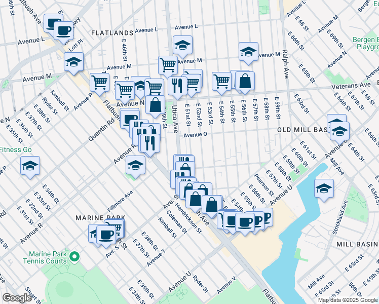 map of restaurants, bars, coffee shops, grocery stores, and more near 2303 Utica Avenue in Brooklyn