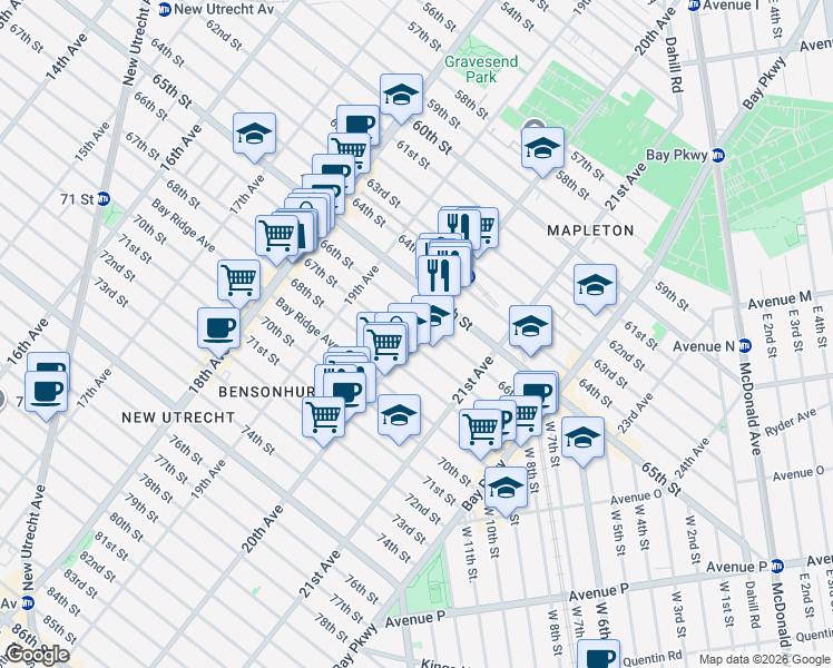 map of restaurants, bars, coffee shops, grocery stores, and more near 1982 67th Street in Brooklyn