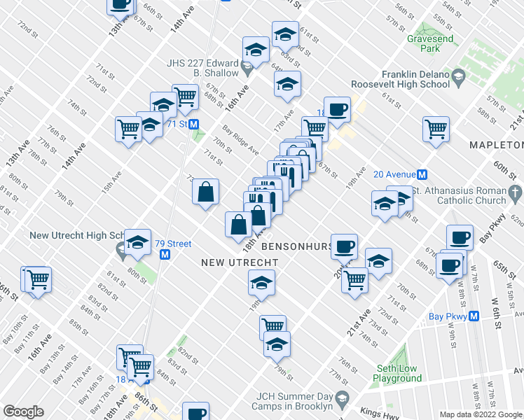 map of restaurants, bars, coffee shops, grocery stores, and more near 1768 72nd Street in Brooklyn