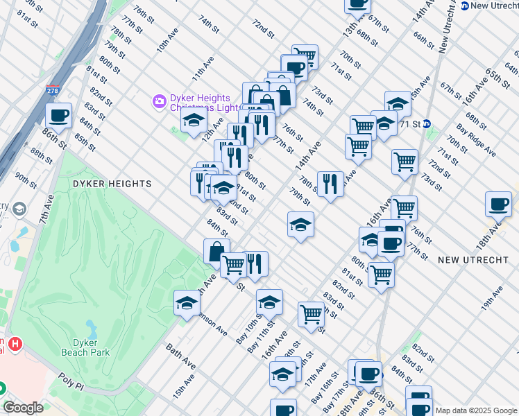 map of restaurants, bars, coffee shops, grocery stores, and more near 1401 81st Street in Brooklyn