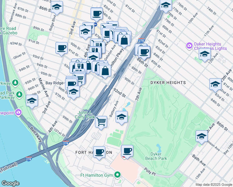 map of restaurants, bars, coffee shops, grocery stores, and more near 166 Battery Avenue in Brooklyn