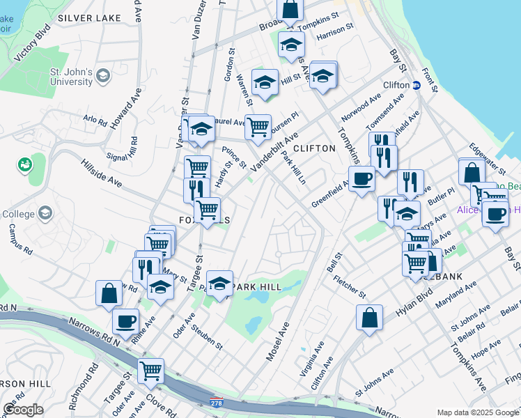map of restaurants, bars, coffee shops, grocery stores, and more near 20 Long Pond Lane in Staten Island