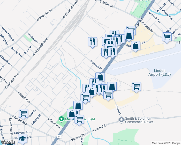 map of restaurants, bars, coffee shops, grocery stores, and more near 905 Smith Street in Linden