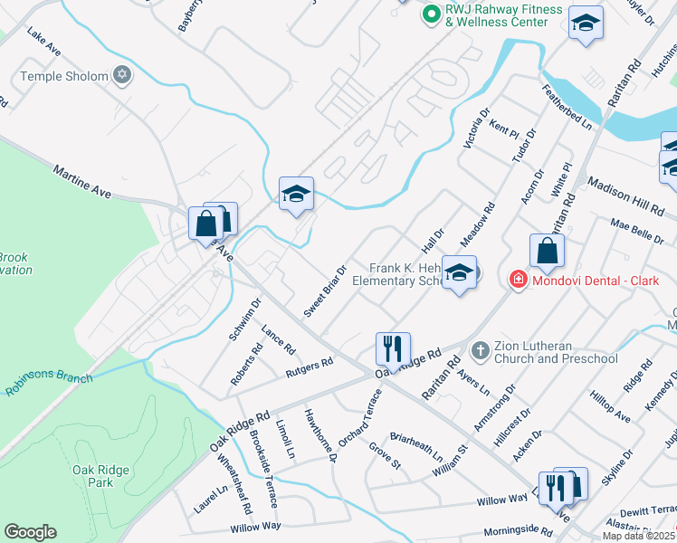 map of restaurants, bars, coffee shops, grocery stores, and more near 82 Sweet Briar Drive in Clark