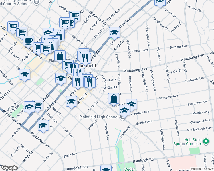 map of restaurants, bars, coffee shops, grocery stores, and more near 129 Crescent Avenue in Plainfield