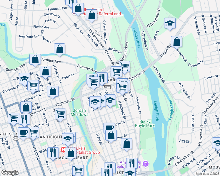 map of restaurants, bars, coffee shops, grocery stores, and more near 643 Ridge Avenue in Allentown
