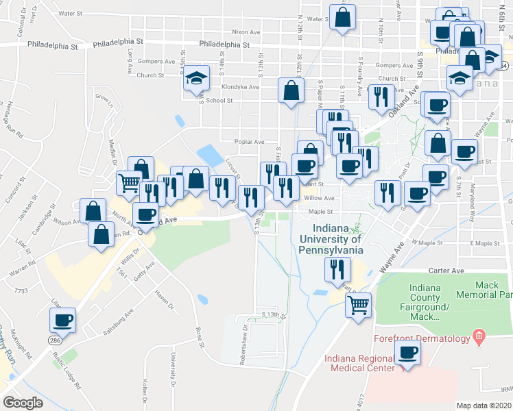 map of restaurants, bars, coffee shops, grocery stores, and more near 300 Indian Springs Road in Indiana