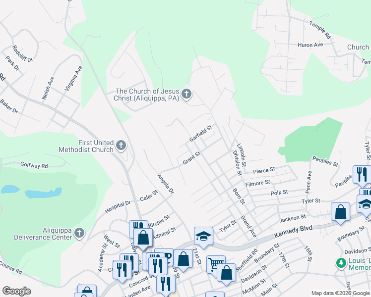 map of restaurants, bars, coffee shops, grocery stores, and more near 1809 Garfield Street in Aliquippa