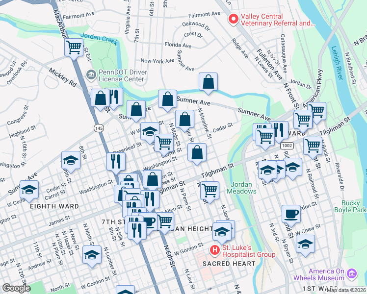 map of restaurants, bars, coffee shops, grocery stores, and more near 401 Washington Street in Allentown