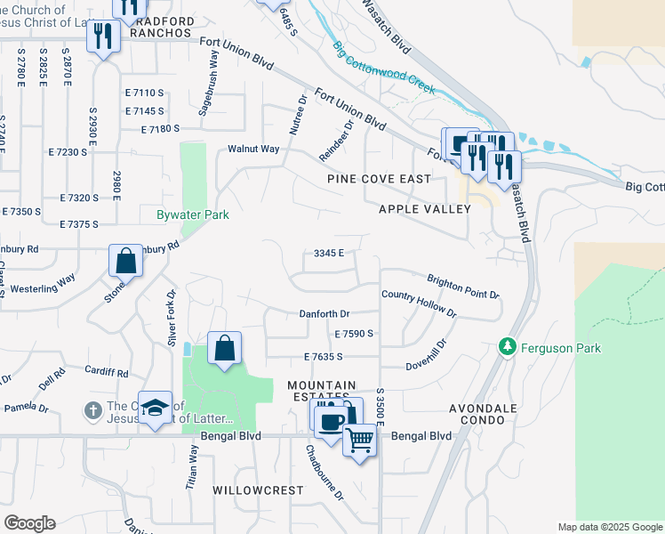 map of restaurants, bars, coffee shops, grocery stores, and more near 3411 Enchanted View Drive in Cottonwood Heights
