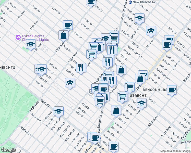 map of restaurants, bars, coffee shops, grocery stores, and more near 1567 77th Street in Brooklyn