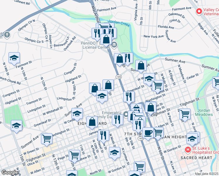 map of restaurants, bars, coffee shops, grocery stores, and more near 751 West Whitehall Street in Allentown