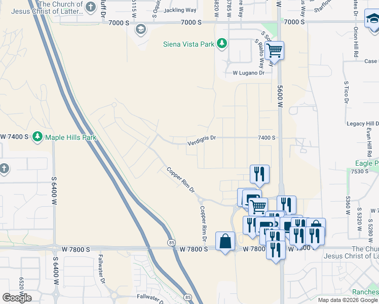 map of restaurants, bars, coffee shops, grocery stores, and more near 7457 Cupric Bend Way in West Jordan
