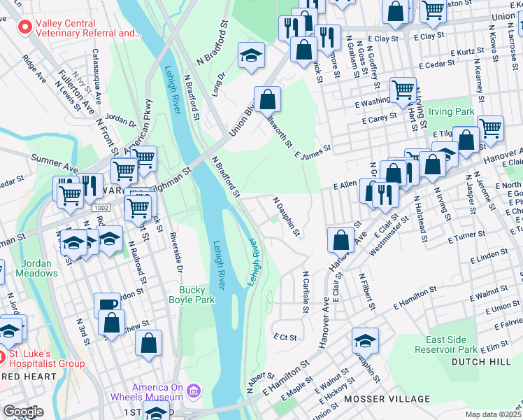 map of restaurants, bars, coffee shops, grocery stores, and more near 516 North Carlisle Street in Allentown