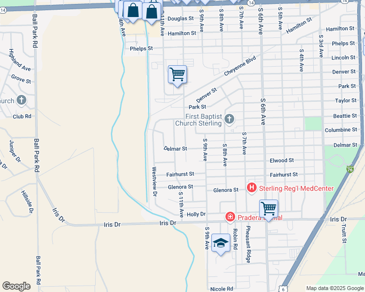map of restaurants, bars, coffee shops, grocery stores, and more near 1020 South 10th Avenue in Sterling