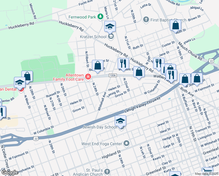 map of restaurants, bars, coffee shops, grocery stores, and more near 2305 Helen Street in Allentown