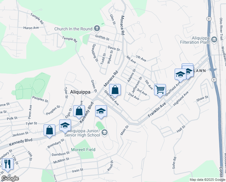 map of restaurants, bars, coffee shops, grocery stores, and more near 128 Orchard Street in Aliquippa