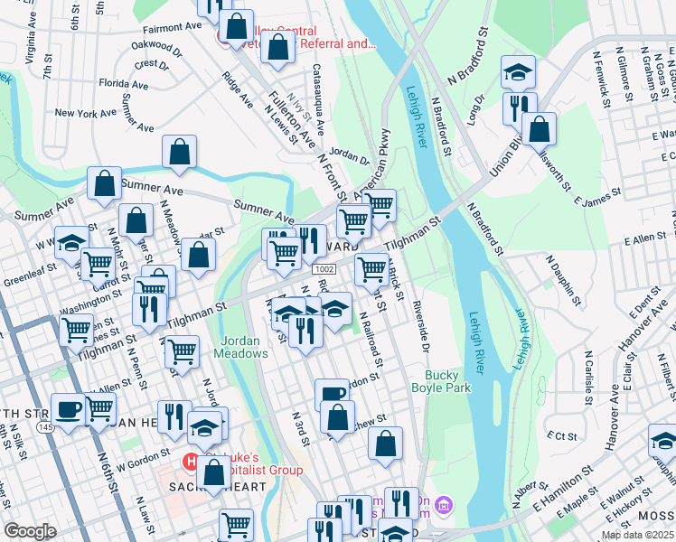 map of restaurants, bars, coffee shops, grocery stores, and more near 643 Ridge Avenue in Allentown