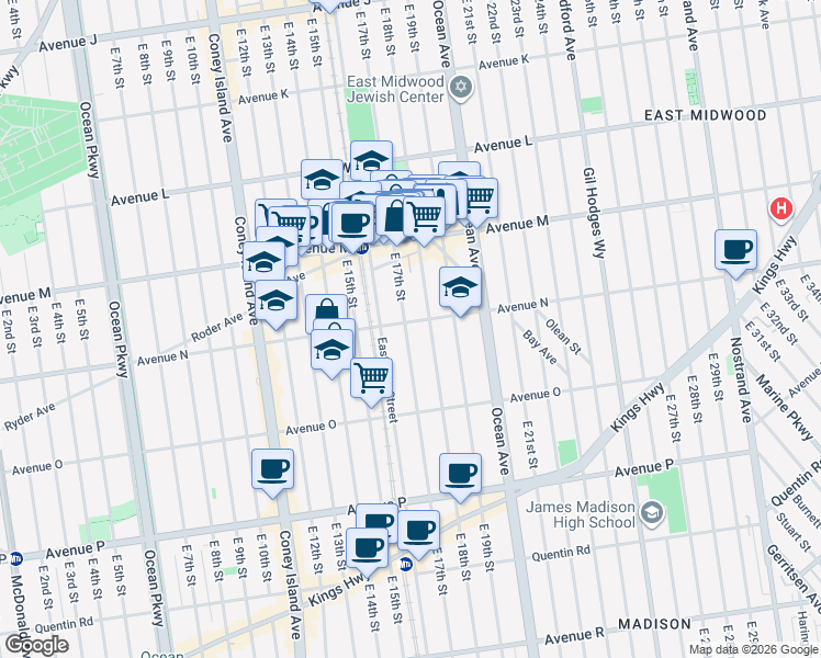 map of restaurants, bars, coffee shops, grocery stores, and more near 1704 Avenue N in Brooklyn