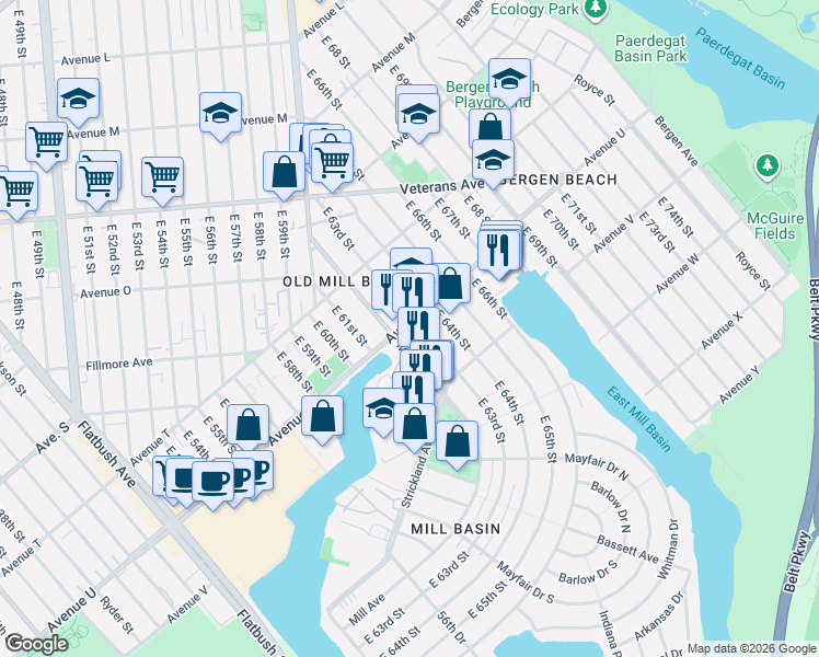 map of restaurants, bars, coffee shops, grocery stores, and more near 6302 Avenue U in Brooklyn