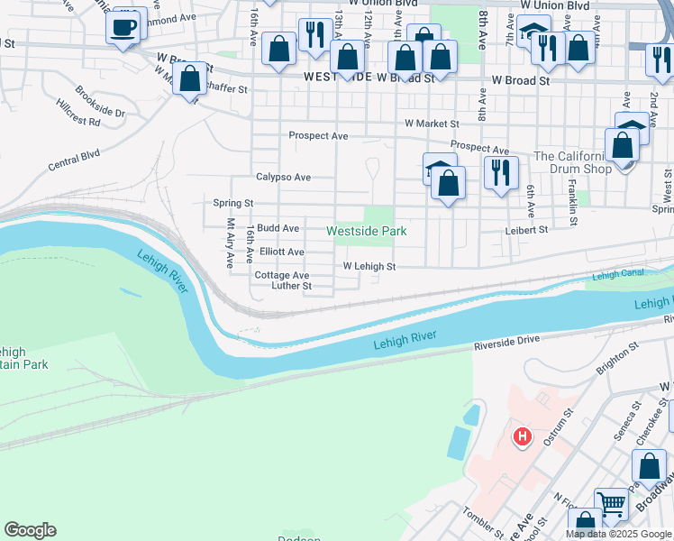 map of restaurants, bars, coffee shops, grocery stores, and more near 1329 West Lehigh Street in Bethlehem