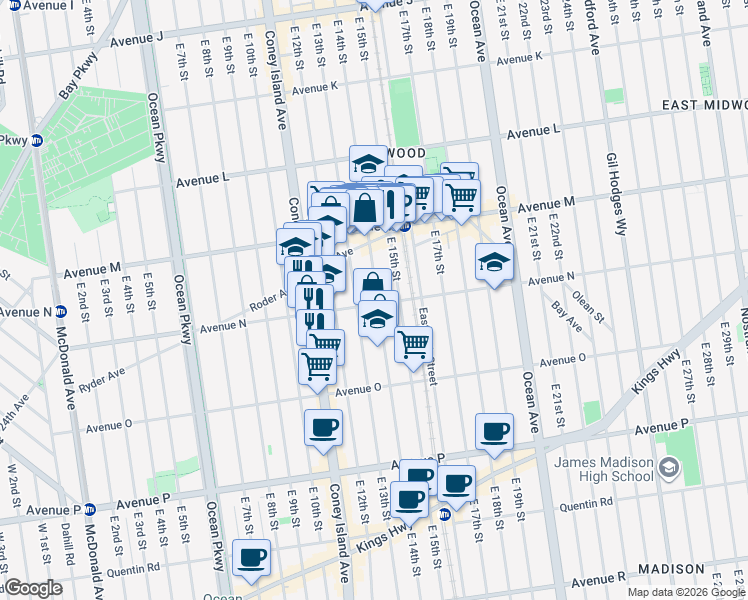 map of restaurants, bars, coffee shops, grocery stores, and more near 1408 Avenue O in Brooklyn
