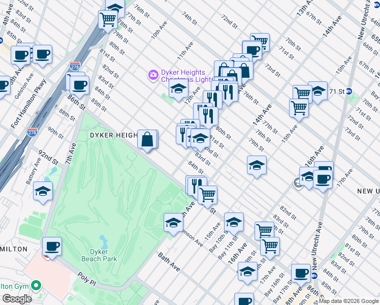 map of restaurants, bars, coffee shops, grocery stores, and more near 1271 84th Street in Brooklyn
