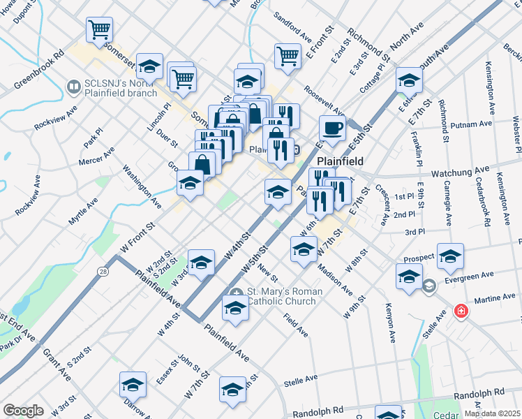 map of restaurants, bars, coffee shops, grocery stores, and more near 311 Madison Avenue in Plainfield